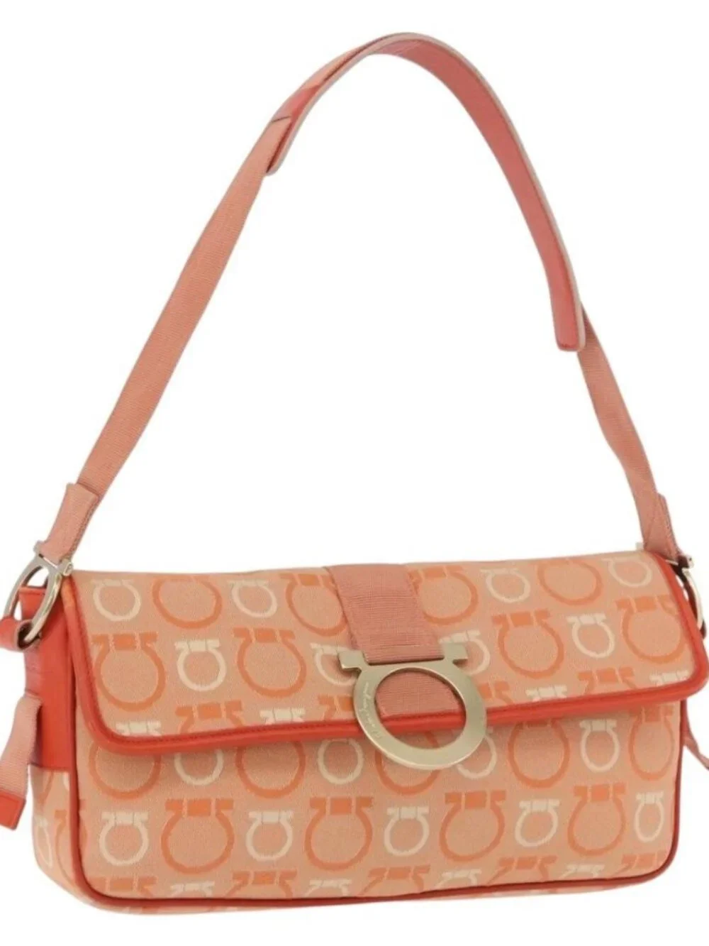 Salvatore Ferragamo Gancini Shoulder Bag Canvas Orange Gold Auth ka4878A